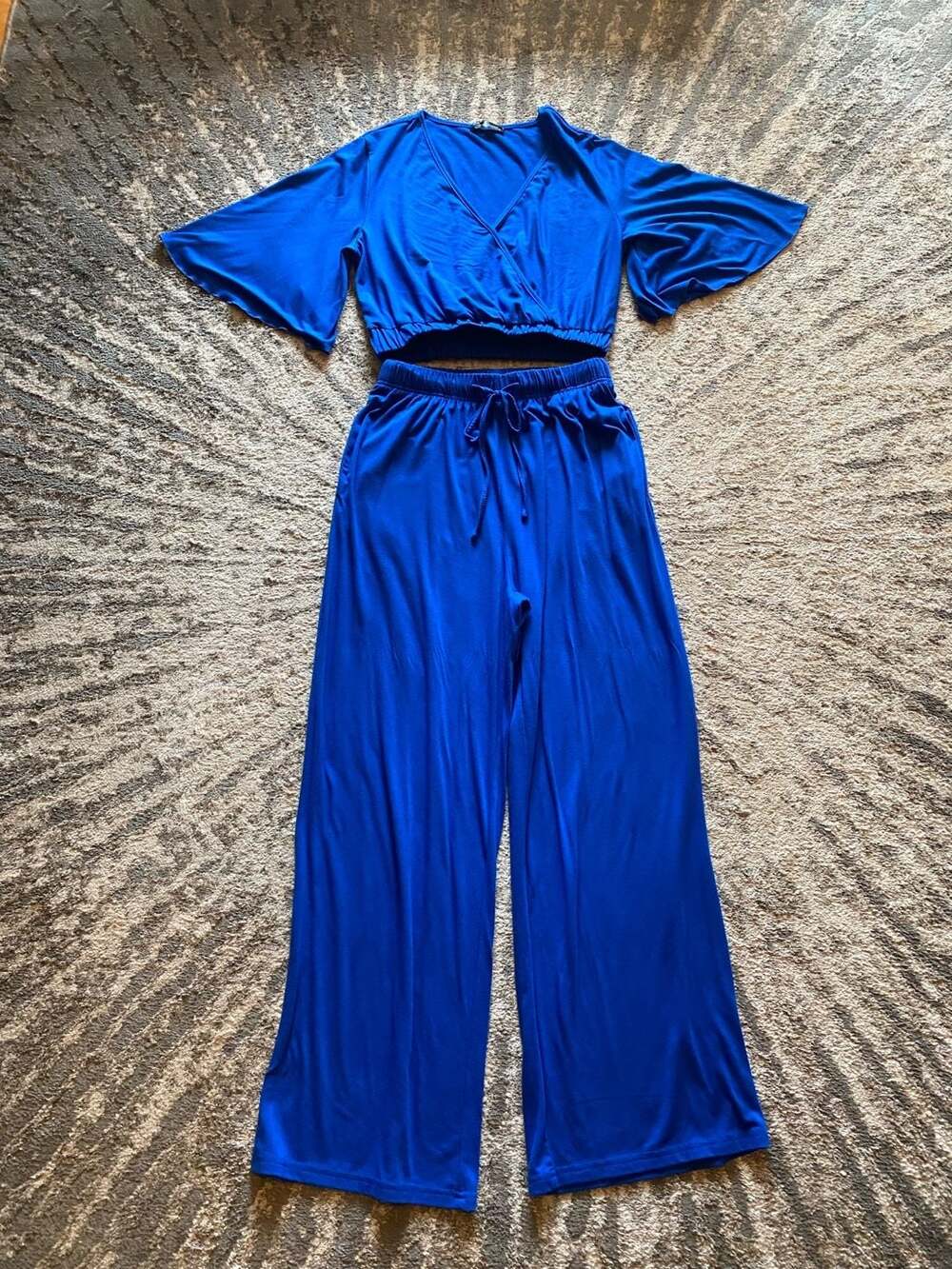 Pretty Garden Royal Blue Short Sleeve Crop Top and Wide Leg Pants Set Size M